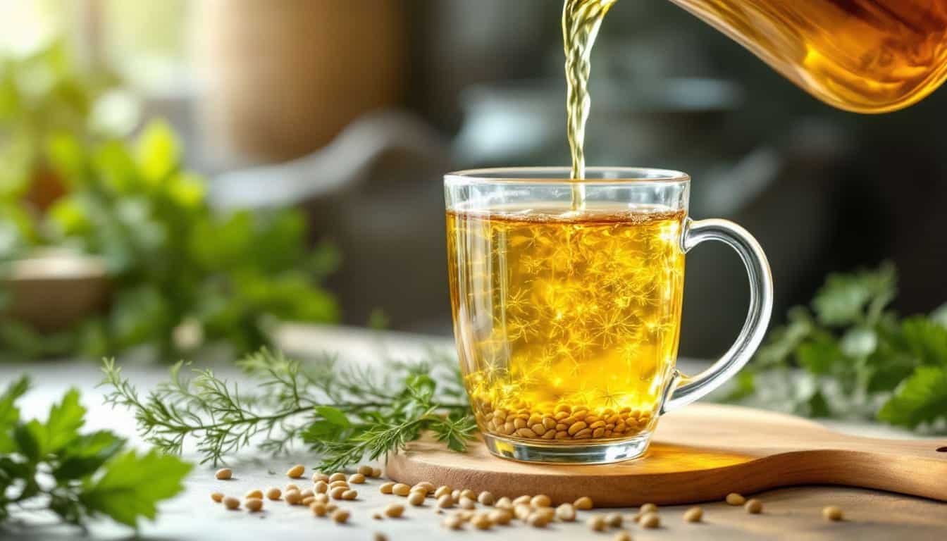 Infusion de fenouil servie dans une tasse en verre avec graines et feuilles fraîches
