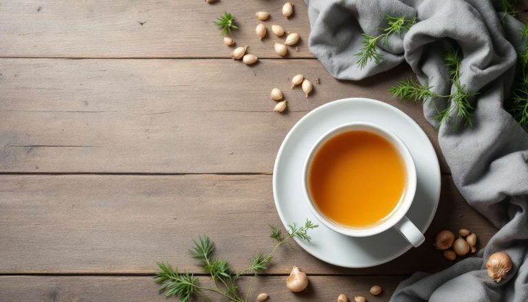 Bulbes de fenouil frais posés sur une table en bois avec une tisane et des herbes