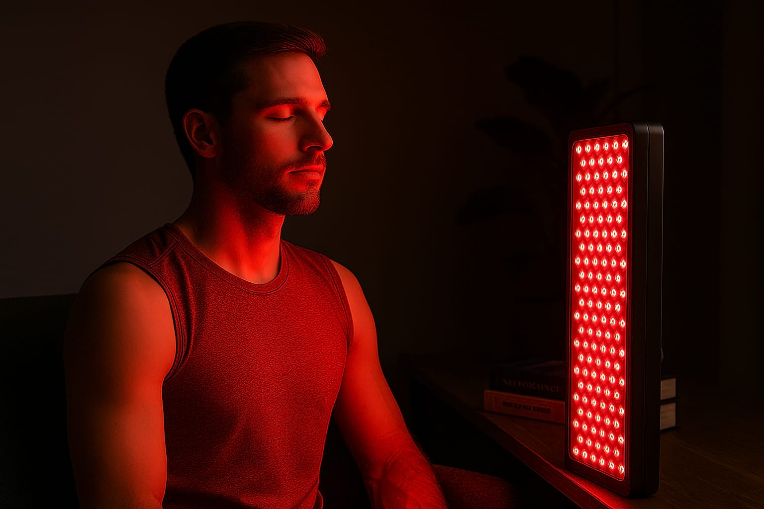 Homme assis dans une pièce sombre recevant une séance de luminothérapie rouge, le visage détendu éclairé par un panneau LED diffusant une lumière intense.