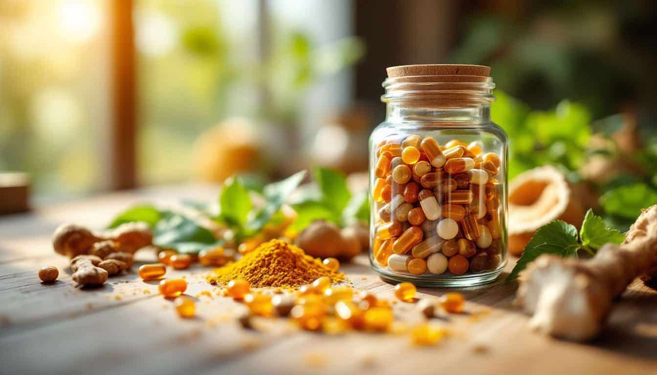 Pot de gélules de nootropiques naturels posé sur une table en bois avec plantes et racines.