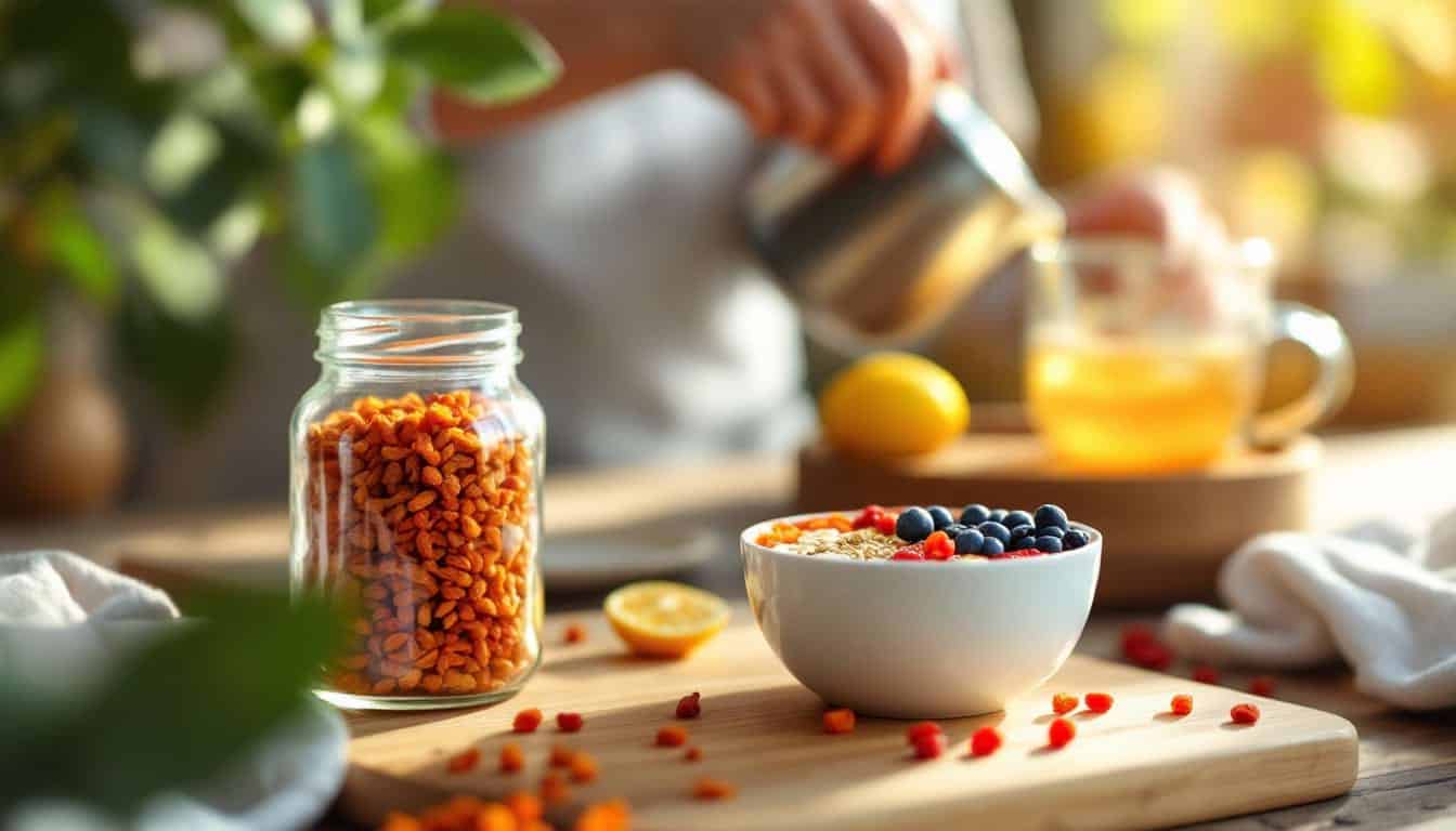 Petit-déjeuner sain avec smoothie aux baies de goji, graines et thé détox préparé à la main.