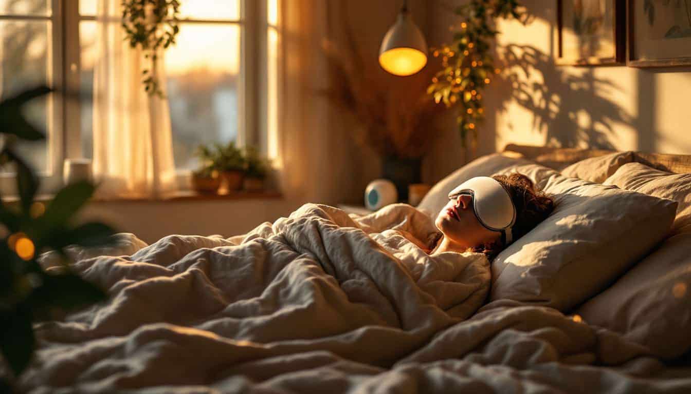 Personne dormant paisiblement dans une chambre chaleureuse baignée de lumière dorée, portant un masque de sommeil.