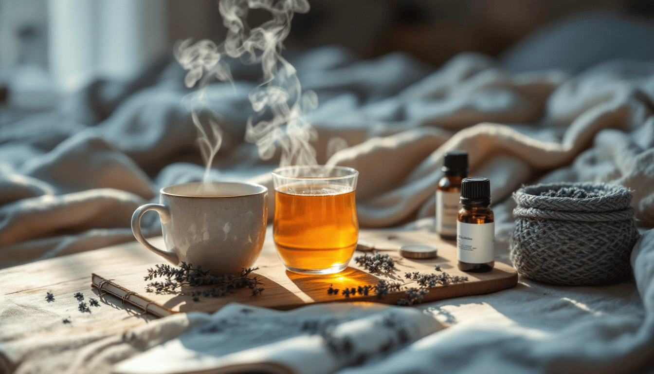 sommeil tisane Tisane chaude, huiles essentielles et lavande posées sur un plateau en bois dans une ambiance douce et cocooning.
