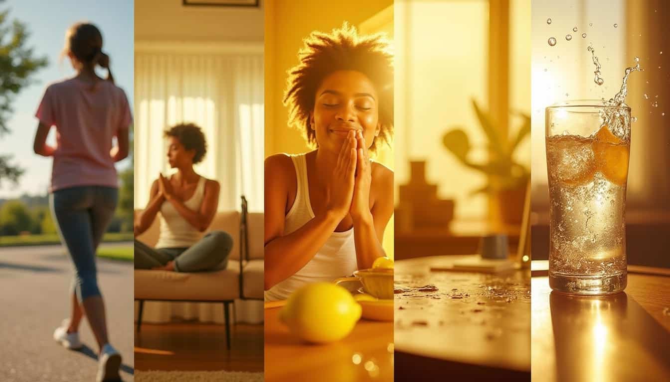 split gestes Collage de cinq scènes illustrant des gestes énergétiques naturels : marche en extérieur, respiration consciente, gratitude au petit déjeuner, éclaboussure d’eau sur un bureau, et verre d’eau citronnée.