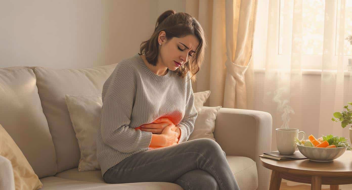 Personne avec douleur abdominale après opération, entourée de plantes et d’aliments sains
