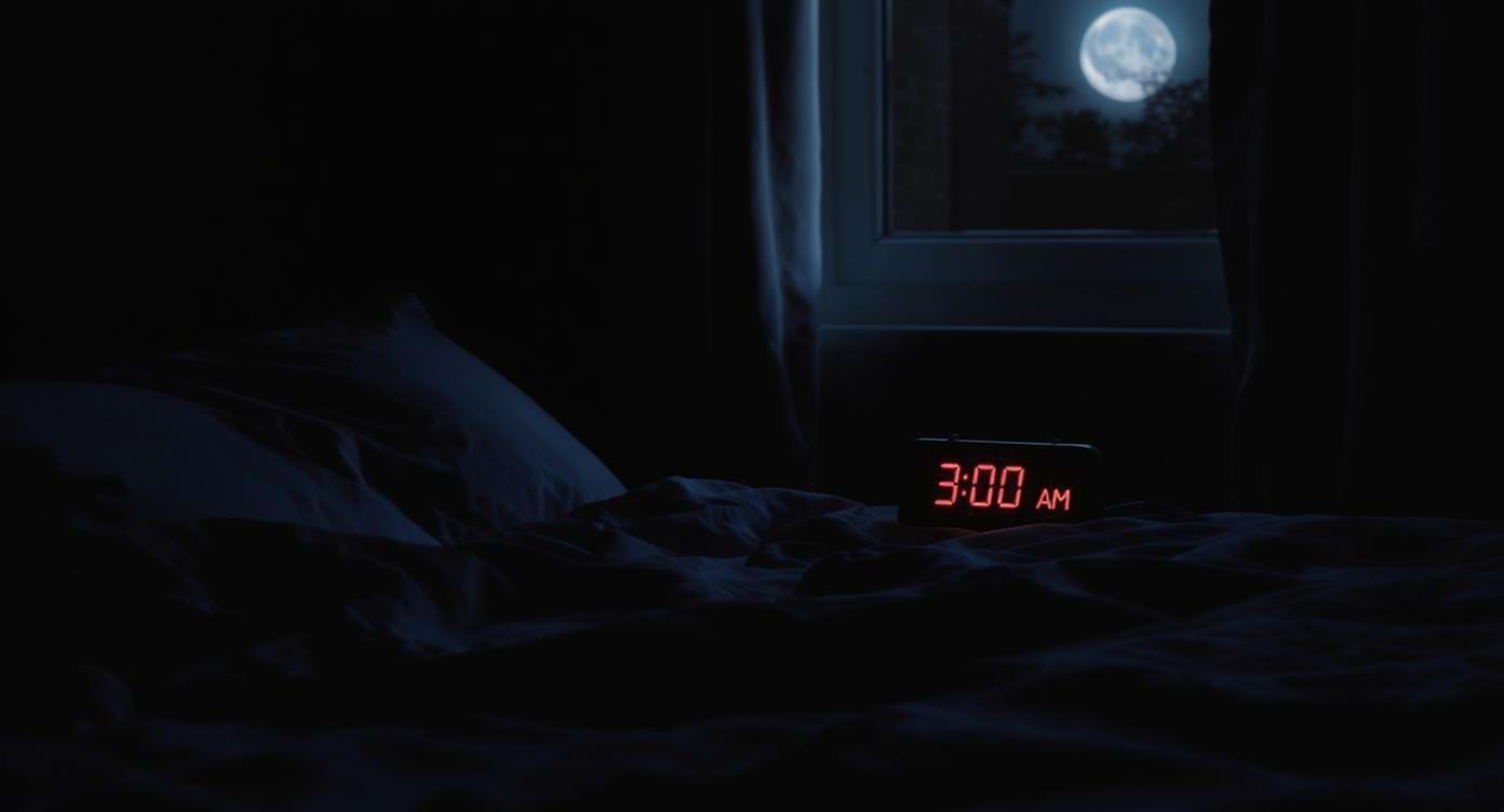Chambre sombre avec réveil affichant 3h du matin et lumière de lune