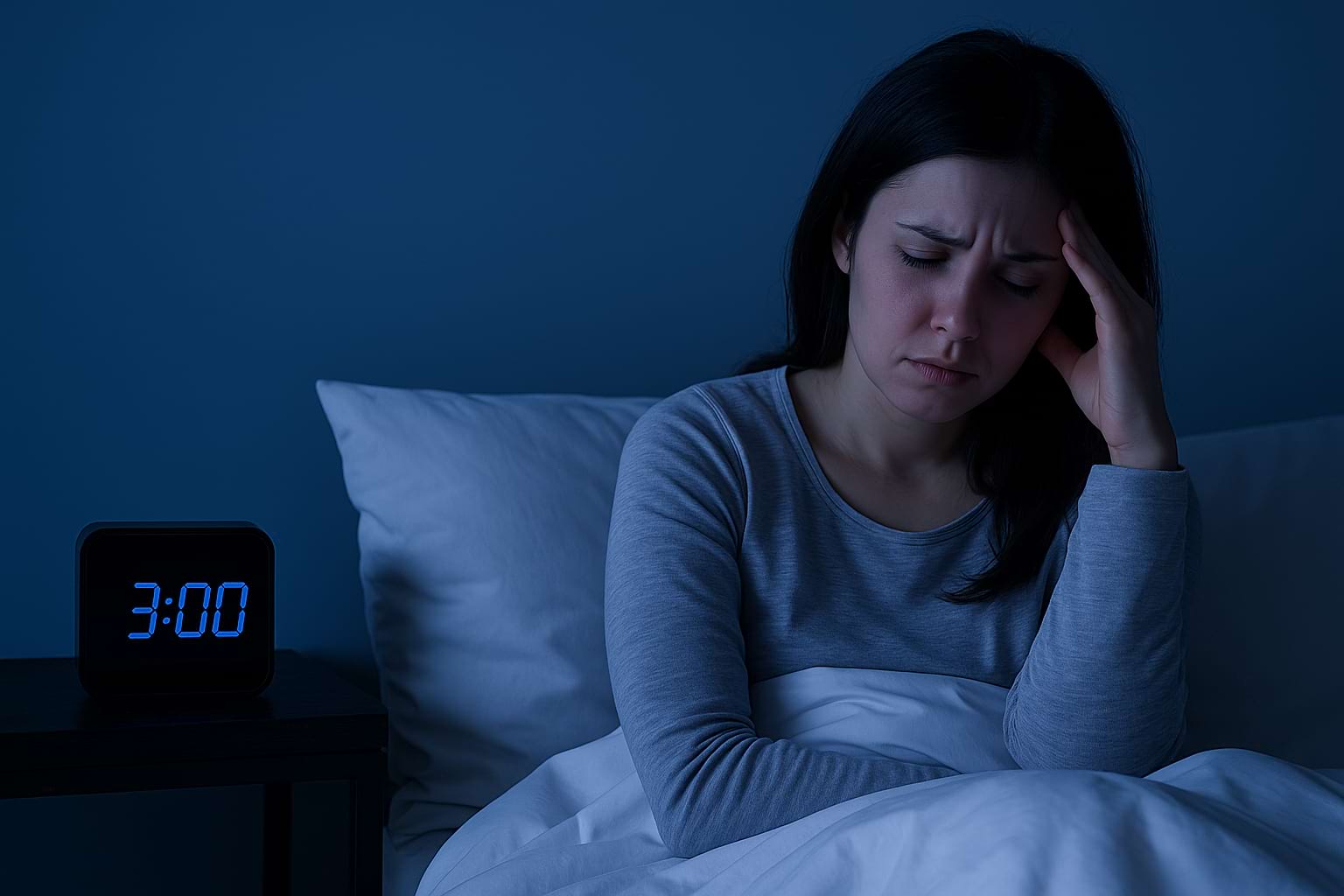 Femme réveillée à 3h du matin, assise dans son lit, l’air fatigué