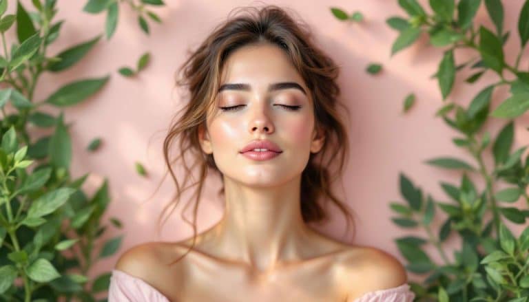 Portrait d’une femme entourée de plantes médicinales, représentant l’équilibre hormonal naturel grâce au Shatavari