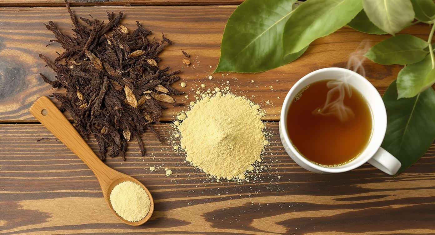 Racines de Shatavari séchées, poudre et tisane dans une ambiance naturelle ayurvédique