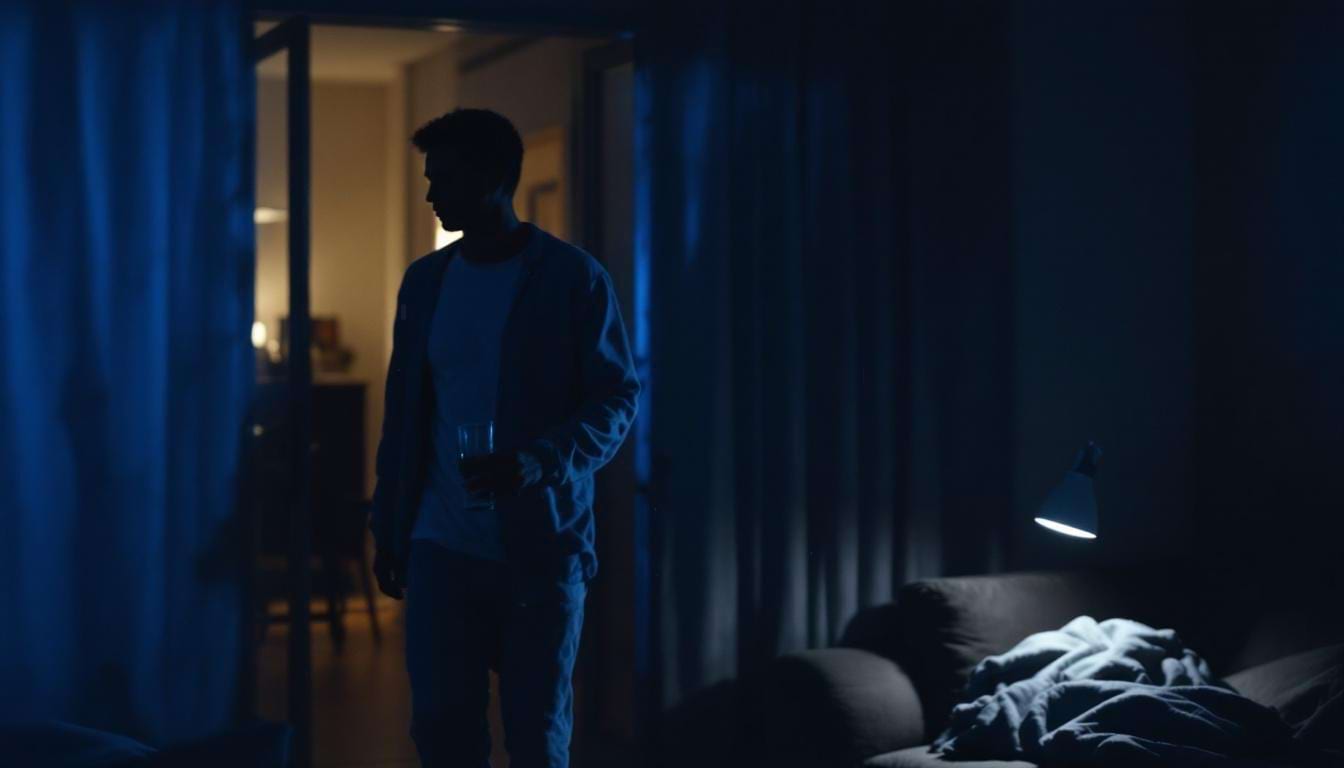 sommeil-stress-chronique-nuit-agitee Personne marchant seule dans son appartement la nuit, ambiance insomniaque et silencieuse.