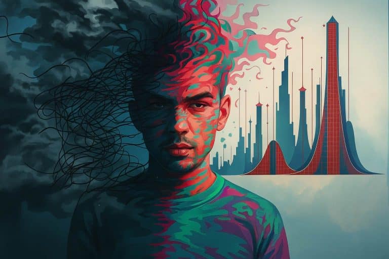 Portrait artistique d’un homme partagé entre stress chaotique et données biomédicales, illustrant l’impact du stress sur le système immunitaire.