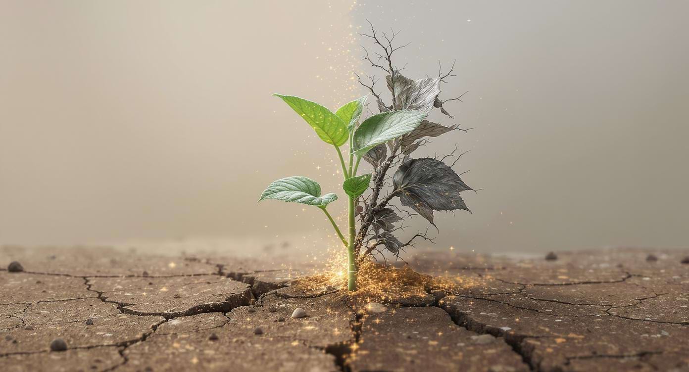 tribulus-plante-dualite Illustration symbolique d’un Tribulus mi-florissant mi-fané, représentant ses effets ambivalents.