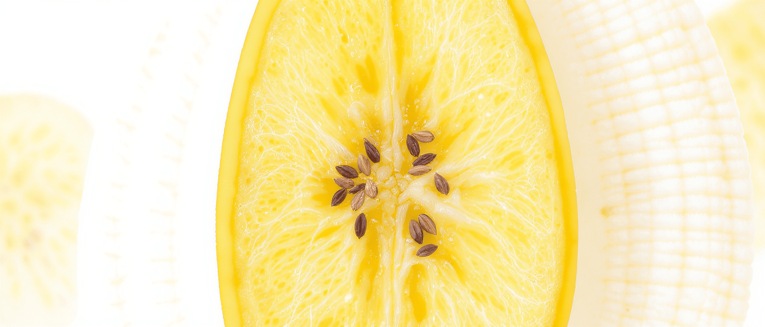 Tranche de banane en coupe transversale sur fond blanc, avec les graines visibles au centre. 