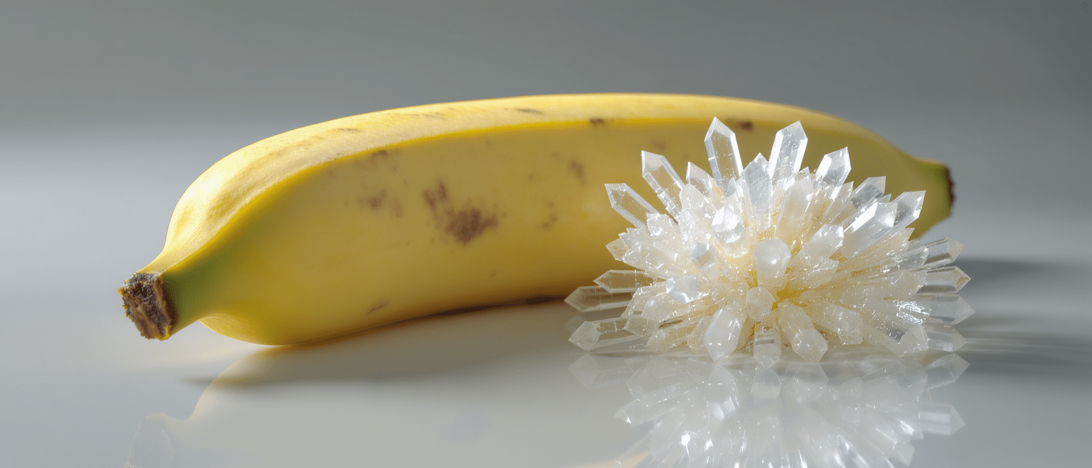 Banane entière posée à côté d’un amas de cristaux translucides sur surface réfléchissante. 
