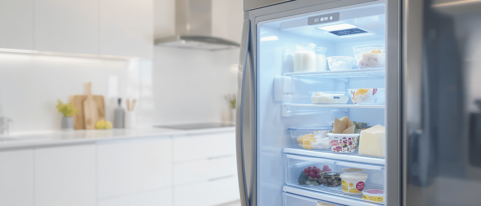 Fromage blanc périmé : peut-on encore le manger sans risque ? Réfrigérateur dans une cuisine moderne avec produits laitiers et aliments frais visibles