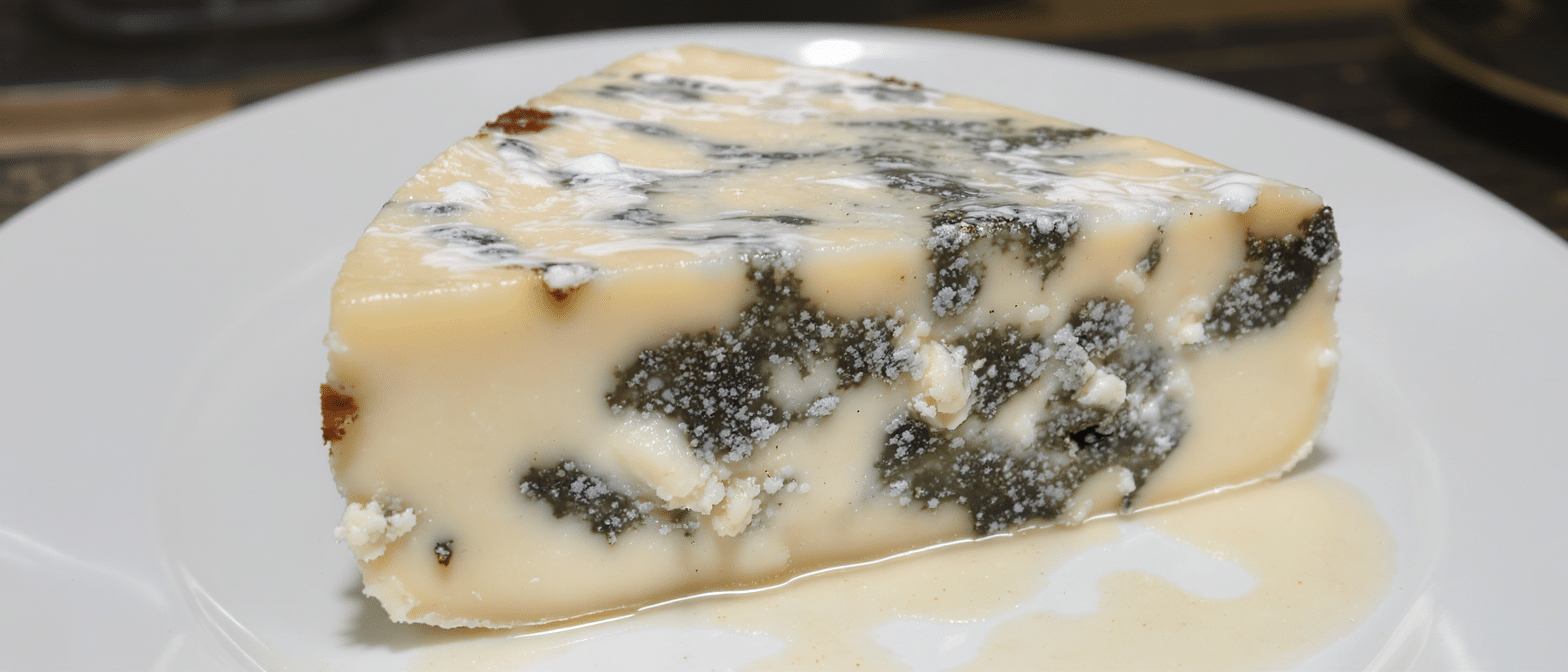 Fromage blanc périmé : peut-on encore le manger sans risque ? Fromage à pâte persillée avec moisissures apparentes sur une assiette blanche