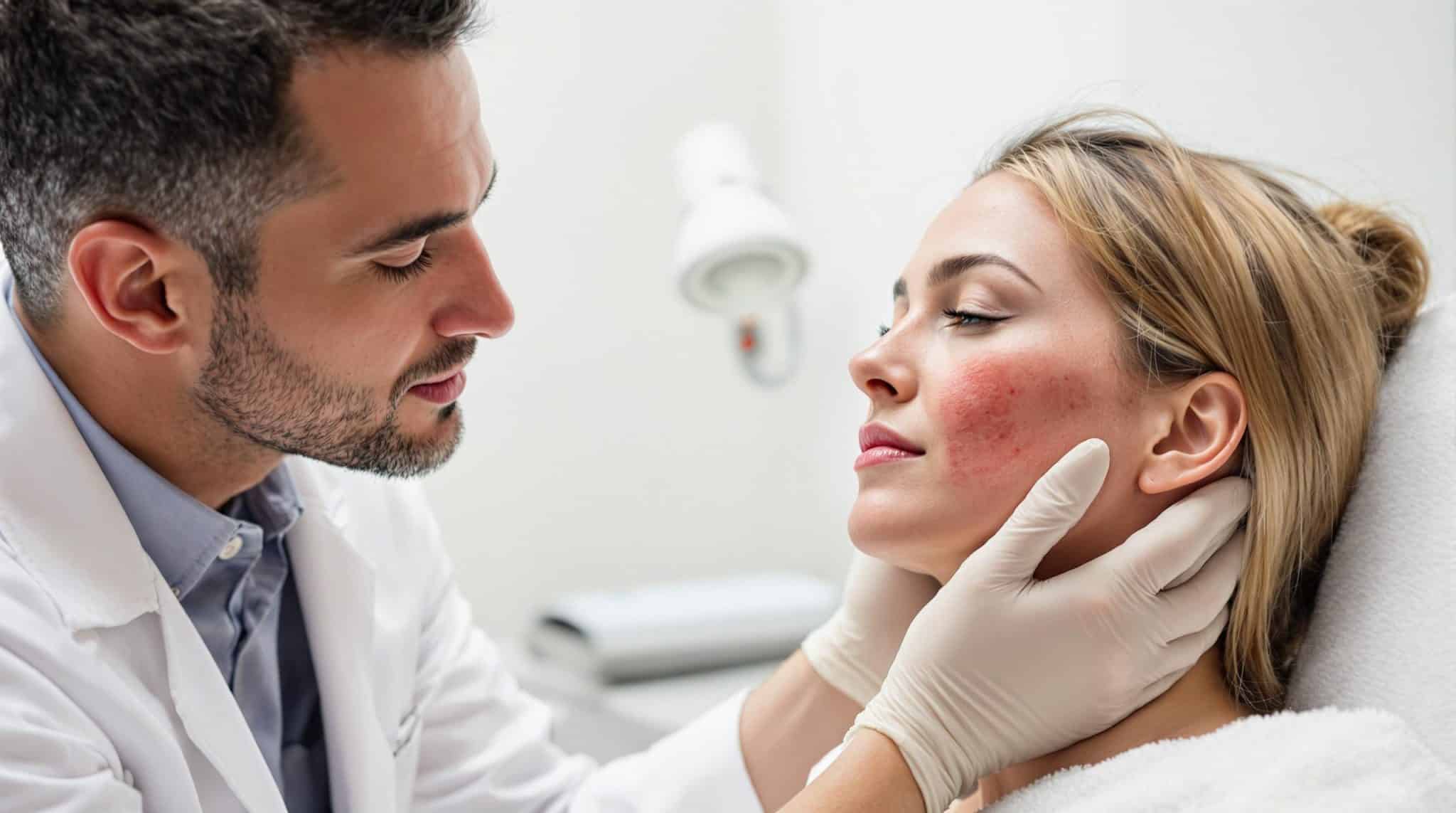 HIFU : dangers, limites et avis négatifs à connaître avant de se lancer Patiente avec rougeurs au visage examinée par un dermatologue après un traitement HIFU