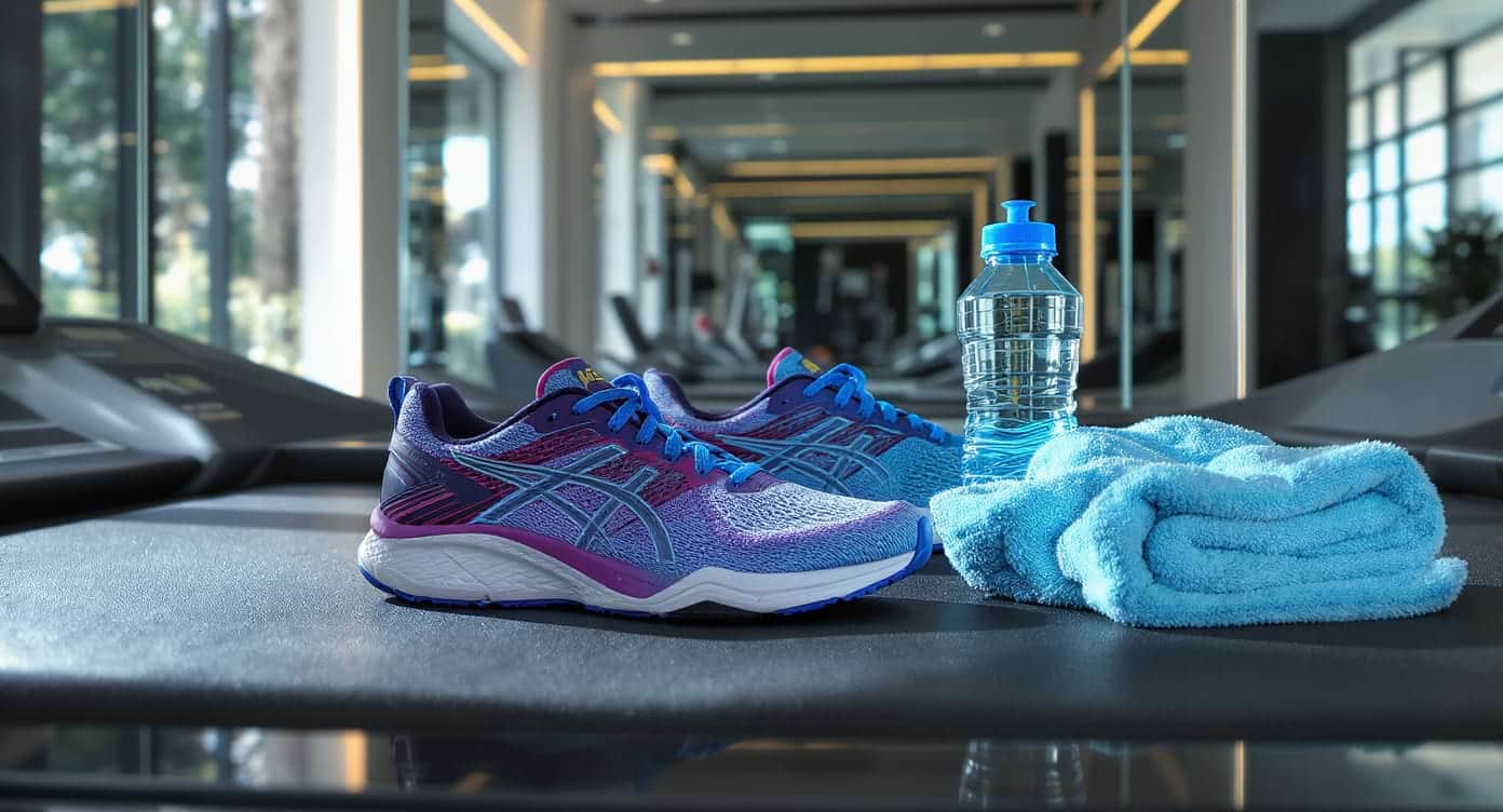 Paire de chaussures de sport, bouteille d’eau et serviette posées sur un tapis de marche dans une salle lumineuse.