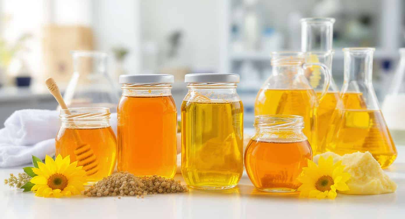 apitherapie-produit-ruche Divers produits de la ruche – pots de miel, propolis, gelée royale et pollen – exposés sur une table de laboratoire, entourés de verreries scientifiques et de fleurs jaunes, sans aucun texte ni marque.