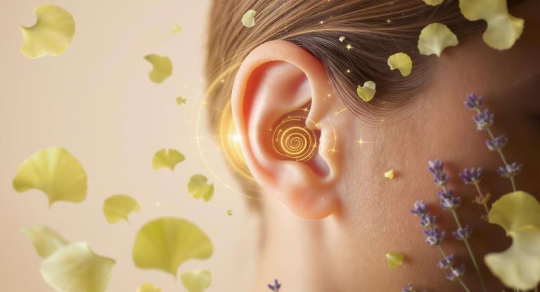 Illustration d'une oreille entourée de plantes médicinales pour symboliser l'auriculothérapie.