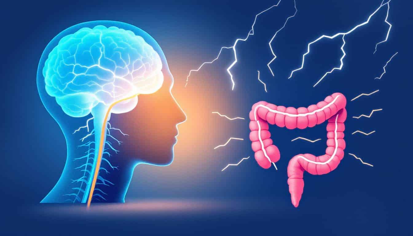 Schéma illustrant la connexion entre le cerveau et le côlon sigmoïde via le nerf vague, mettant en évidence l’influence du stress sur l’intestin.