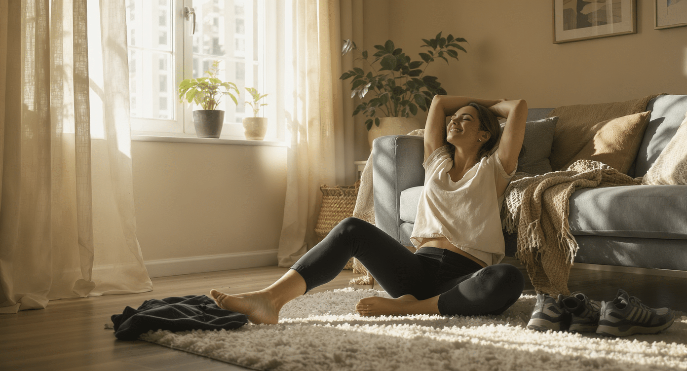 Femme assise au sol dans son salon, souriante et détendue après une séance d’exercice, chaussures de sport posées à côté.