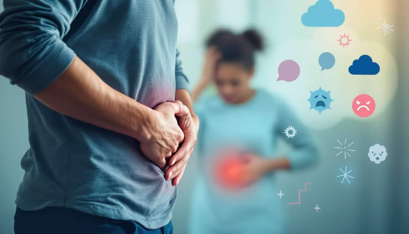Personne souffrant d’une douleur dans le bas-ventre gauche, entourée de formes symbolisant le stress et les émotions.