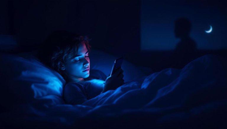 Personne dans un lit éclairée par la lumière bleue d’un smartphone