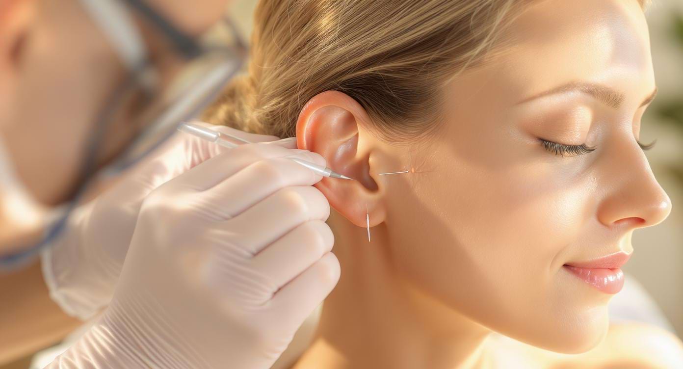 Femme recevant une séance d’auriculothérapie en douceur sur un fond apaisant