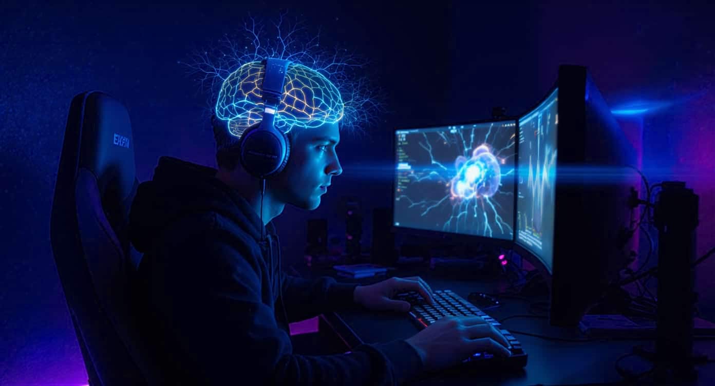 Jeune gamer concentré devant son PC avec un cerveau lumineux en surimpression