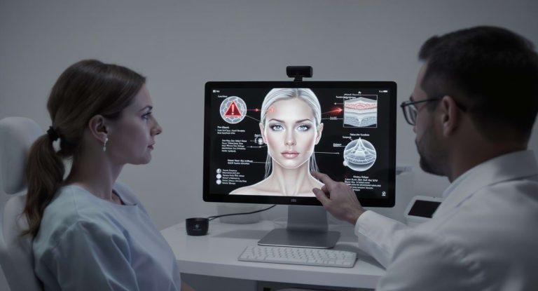 Consultation médicale HIFU avec affichage des schémas de traitement et risques sur écran