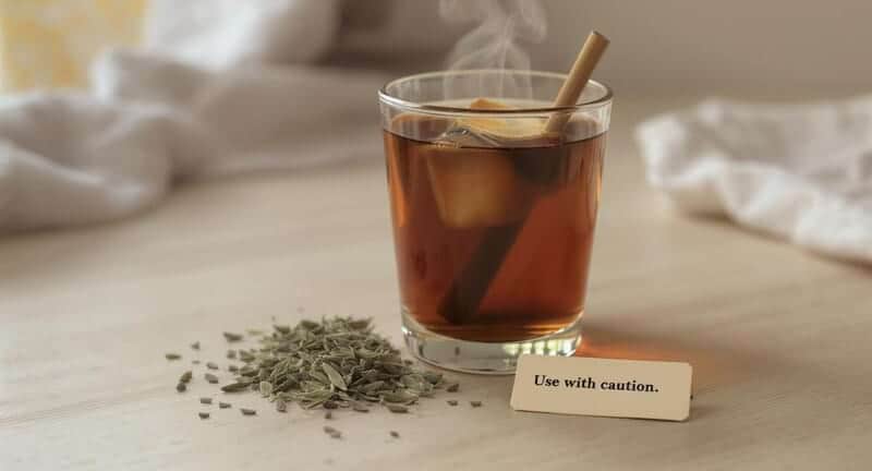 Tasse de maté avec bombilla et étiquette "à consommer avec précaution" sur une table claire.