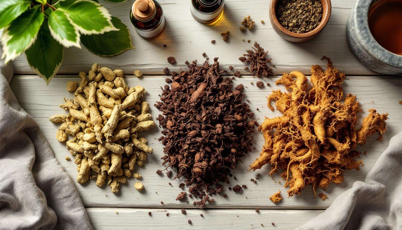 illustration-plantes-adaptogenes-sommeil Racines d’ashwagandha, rhodiola et ginseng sur fond bois