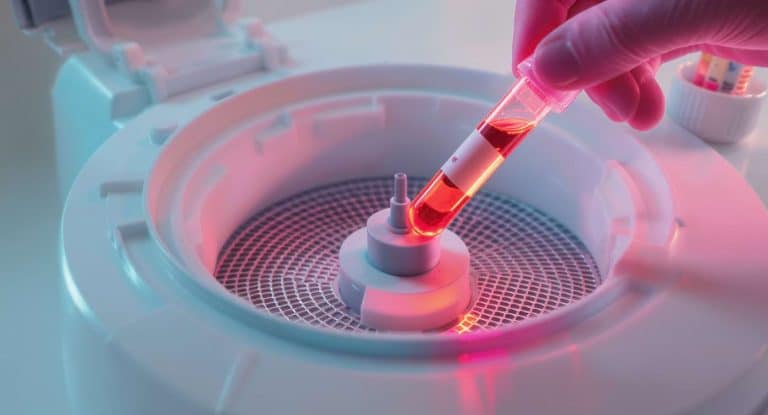 Image d'une centrifugeuse médicale traitant un échantillon de sang pour une injection PRP