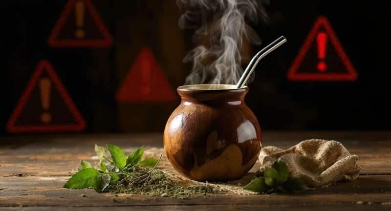 Calebasse de maté fumant sur une table en bois avec feuilles sèches et symboles de mise en garde
