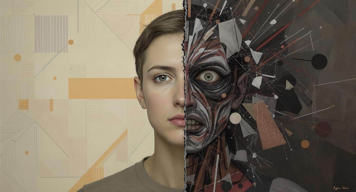 Portrait en deux moitiés illustrant la dualité intérieure d’une personne psychorigide