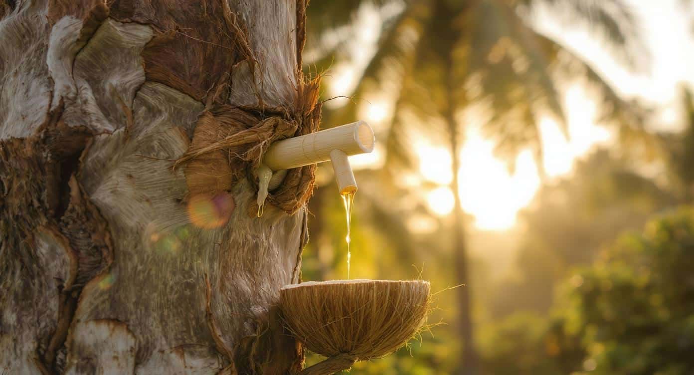 Sève de cocotier s’écoulant dans une demi-noix au lever du soleil, première étape du sucre de coco.