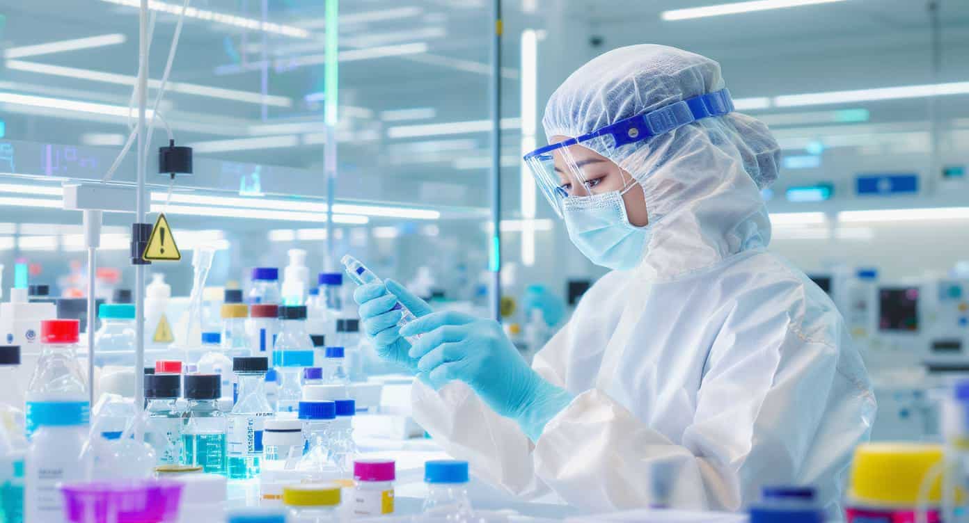 Chercheuse en combinaison stérile analysant un échantillon en laboratoire.

