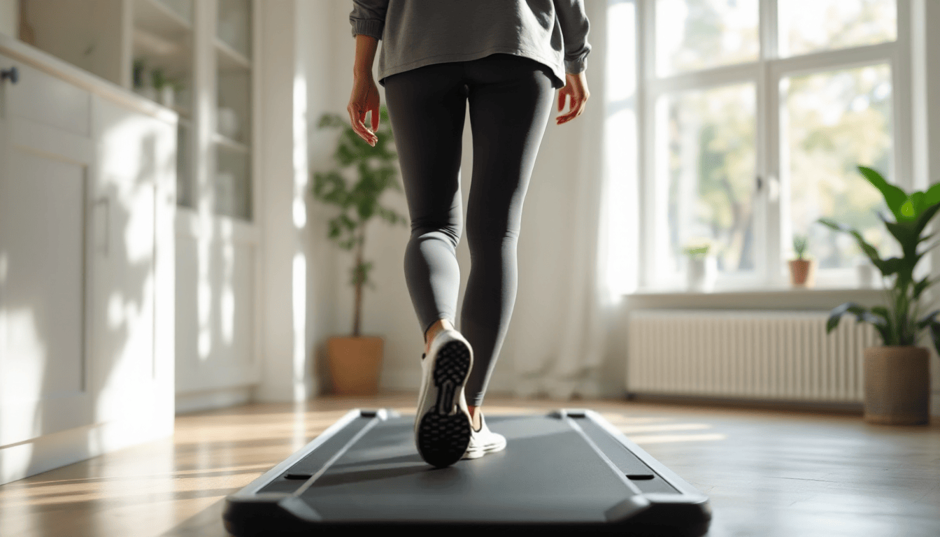 Femme marchant sur un tapis de marche plat dans une pièce lumineuse avec de grandes fenêtres.

