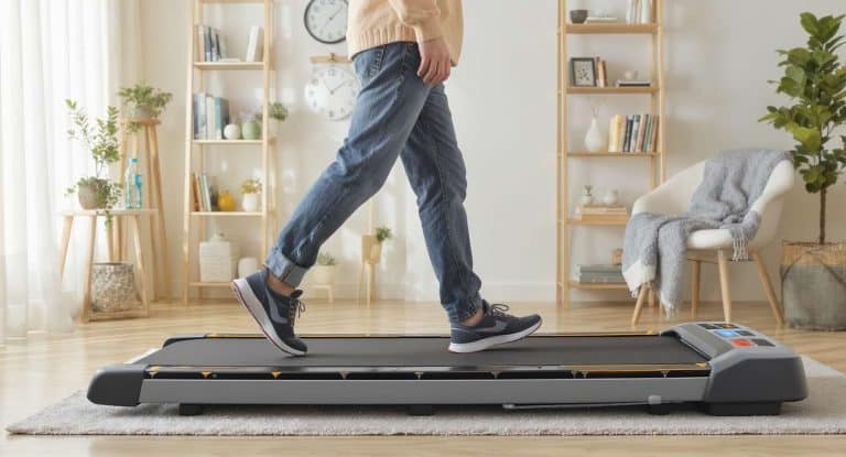 Personne marchant à rythme modéré sur un tapis de marche compact dans un salon lumineux.