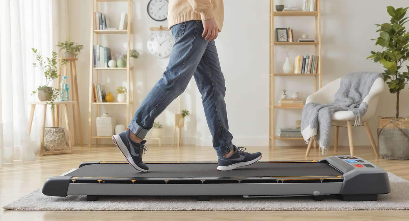 Personne marchant à rythme modéré sur un tapis de marche compact dans un salon lumineux.