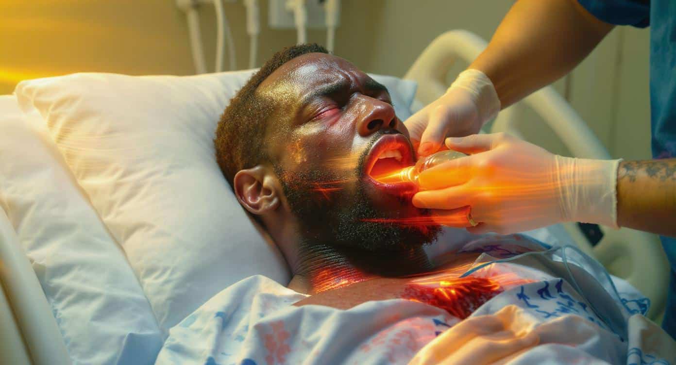 urgence-gasping-homme-hopital-soins-respiratoires Homme en détresse respiratoire recevant des soins médicaux d’urgence à l’hôpital