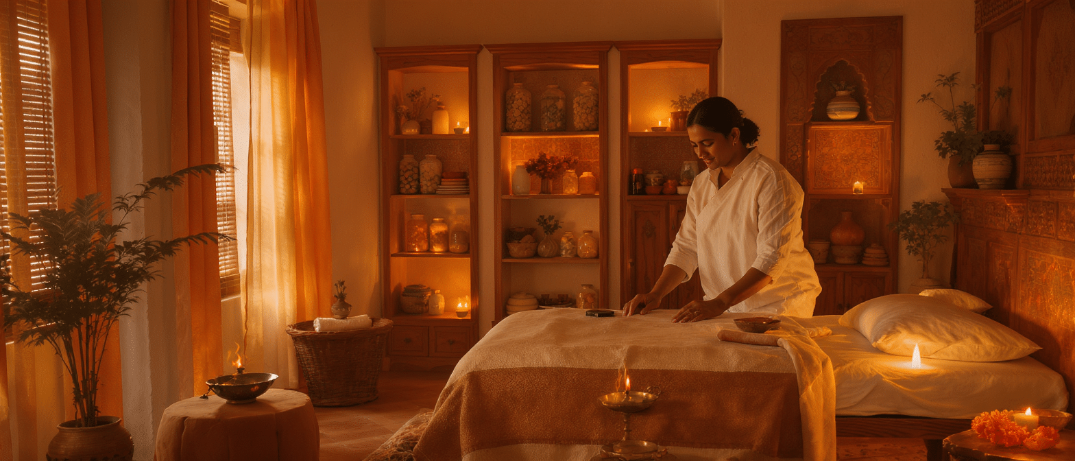 ayurveda-salle-rituel-ancestral Salle de soins ayurvédiques traditionnelle avec lumière douce et praticien