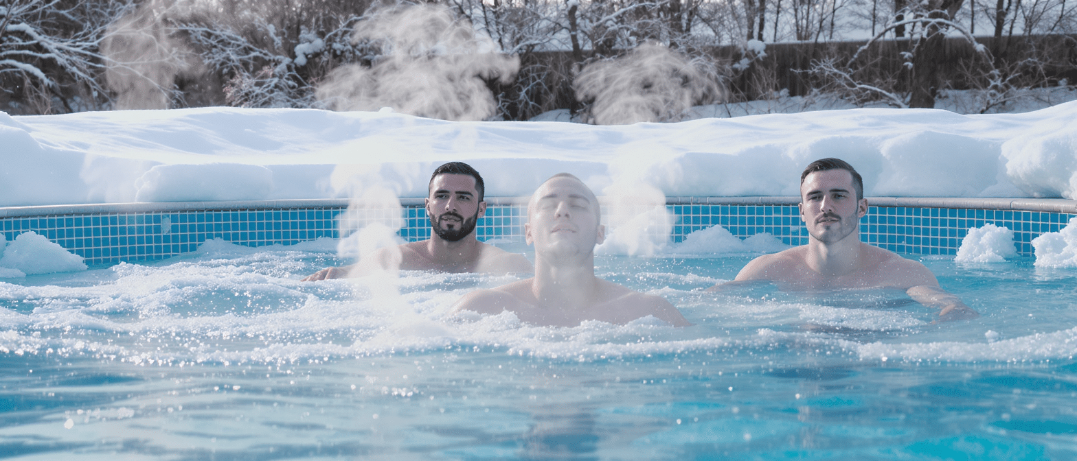 rois hommes immergés dans une piscine glacée entourée de neige, avec de la vapeur visible dans l’air