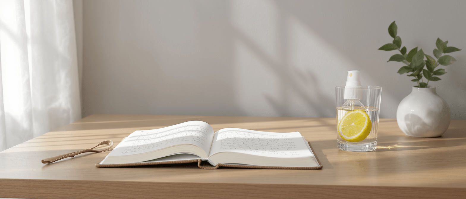 journal-spray-precautions-semax-selank Un carnet ouvert posé sur une table, à côté d’un spray dans un verre d’eau citronnée et d’un vase, symbolisant vigilance et suivi personnel