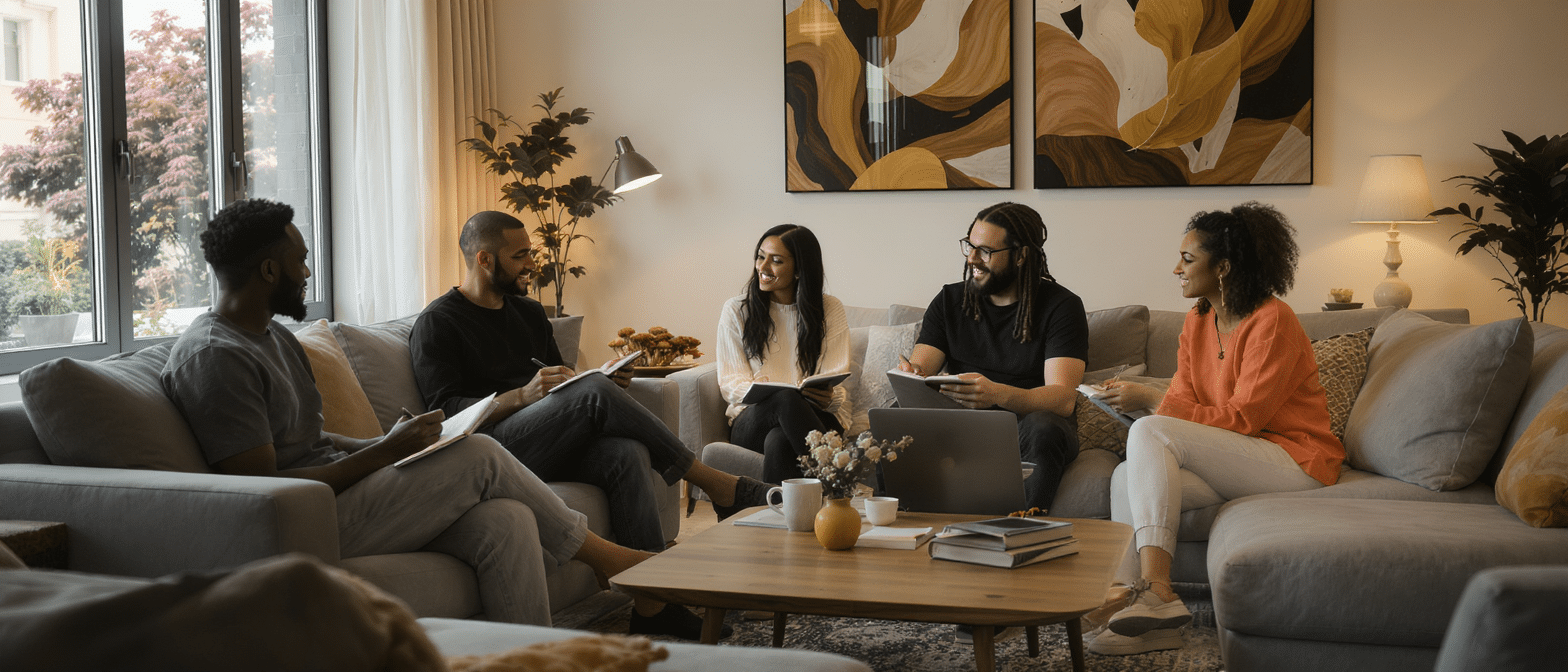 Microdosage de psilocybine : comprendre la législation et ses effets Groupe de personnes divers dans un salon moderne discutant de biohacking et de routines avec des champignons en arrière-plan