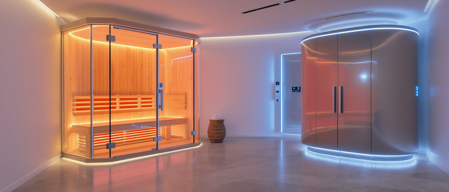 sauna-infrarouge-cryotherapie Salle moderne de bien-être avec sauna infrarouge en bois et cabine de cryothérapie futuriste éclairée en bleu