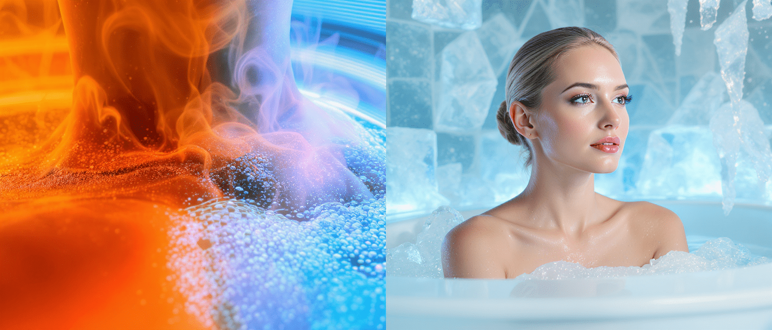 chaud-froid-contraste-recuperation Illustration contrastée entre chaleur enveloppante et bain glacé, symbolisant sauna infrarouge et cryothérapie