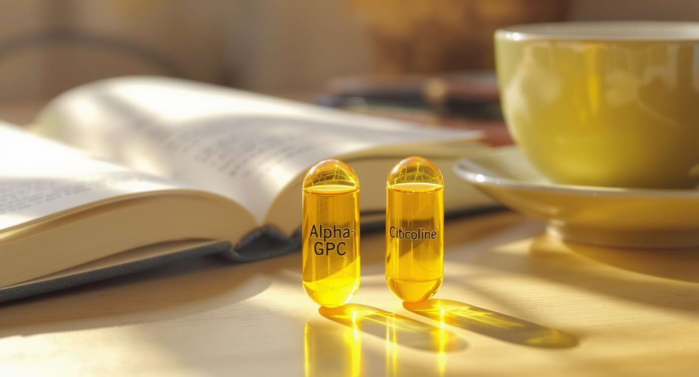 alpha-gpc-vs-citicoline-comparatif-memoire Capsules d’Alpha-GPC et de citicoline sur un bureau, symbolisant un comparatif pour la mémoire.