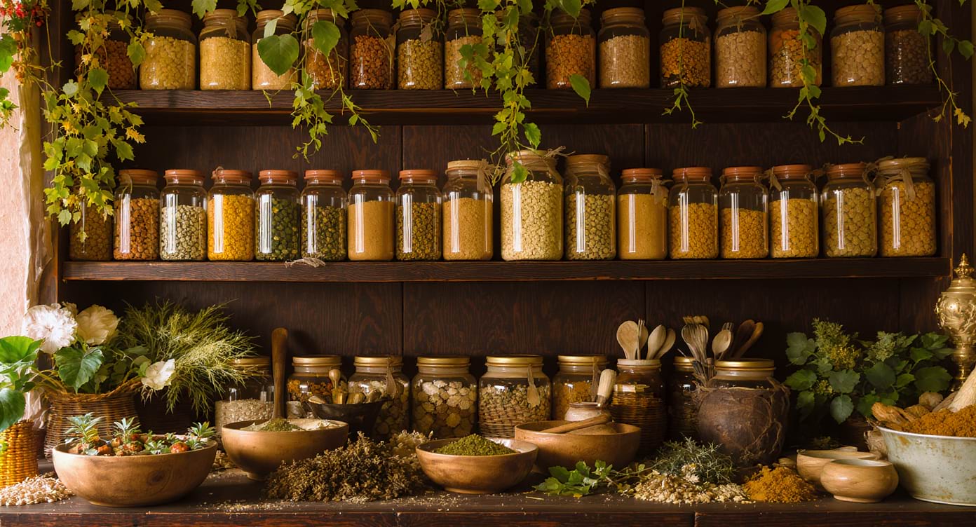 apothecaire-plantes-medicinales-ayurveda Étagère d’apothicaire avec plantes et poudres ayurvédiques, atmosphère de guérison